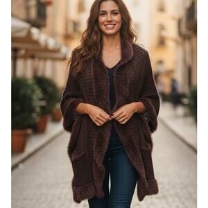 Scarf Shawl Wrap w/ Faux Fur Edging and Pockets Brown Knit CTF Choose the Future